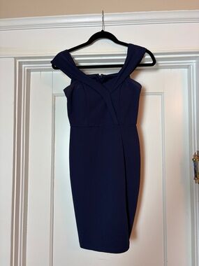 “Speechless” Brand Navy Off-the-Shoulder Sheath Dress